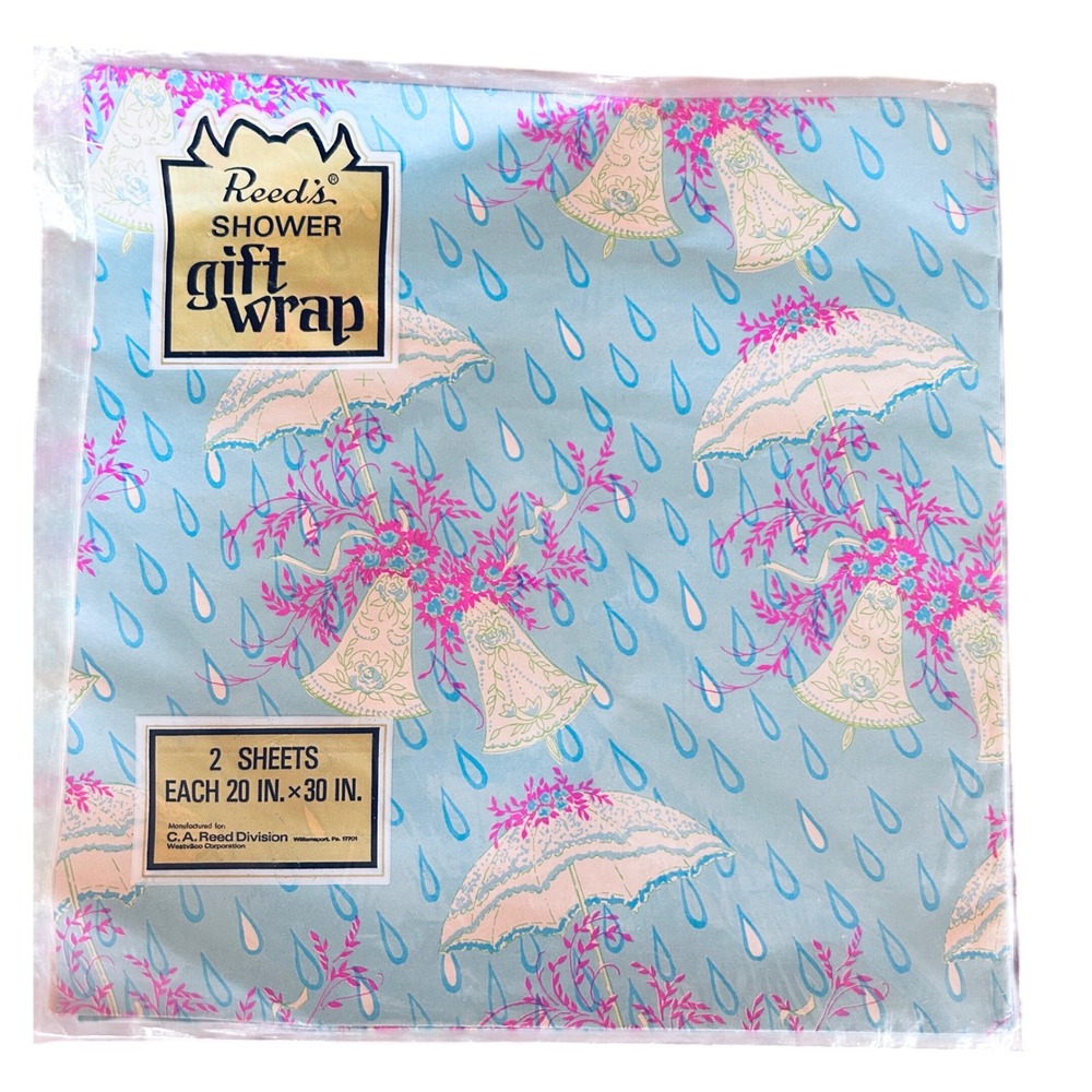 Vintage‎ CA Reed Bridal Shower Gift Wrap 2 Sheets Blue Pink lime  20x30